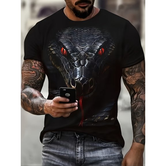 Men's Plus Size 3D Cool Python Printed T-Shirt - Casual and Comfortable, Breathable Polyester, Machine Washable, Plus Size
