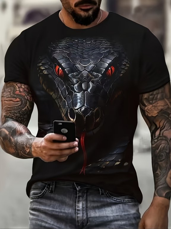 Men's Plus Size 3D Cool Python Printed T-Shirt - Casual and Comfortable, Breathable Polyester, Machine Washable, Plus Size