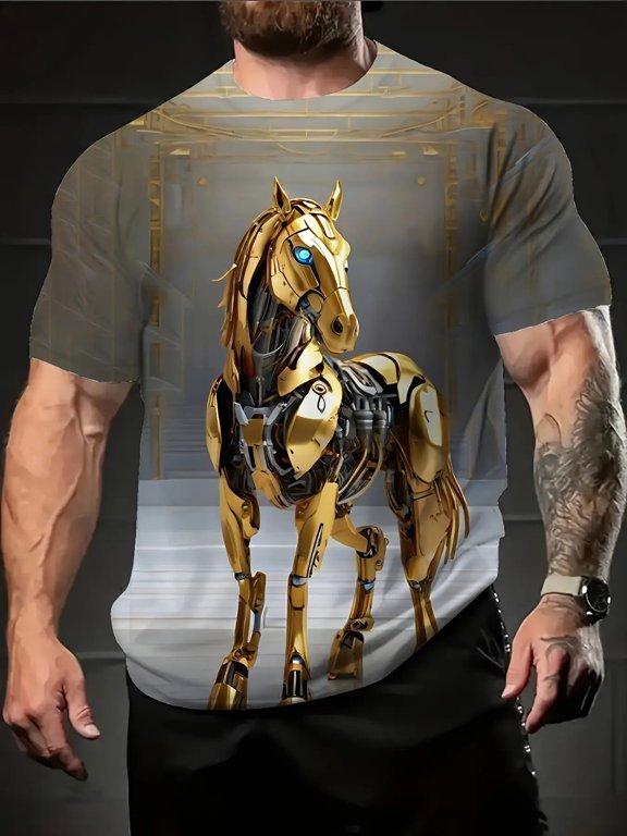 Men's Plus Size 3D Digital Printed Robot Horse and Future Gold Robot Horse Pattern T-Shirt - Full Body Cyberpunk Style, Breathable Crew Neck Short Sleeves,