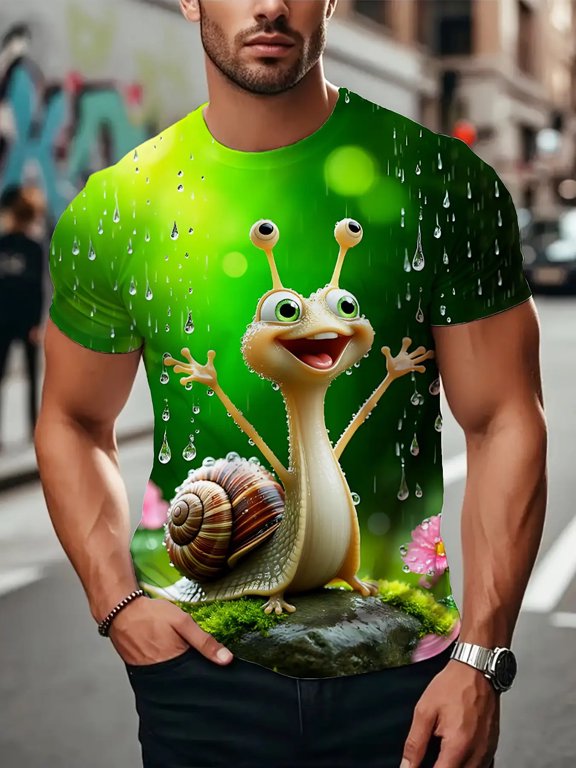 Men's Plus Size 3D Full Body Printing Cartoon Snail Alien Pattern T-Shirt - Green Casual Sports Style Summer Short Sleeve Crew Neck Top, Full Body Digital Printing Adult (Machine Washable),