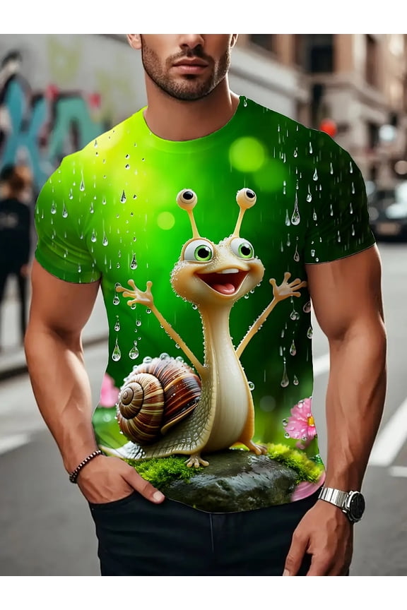 Men's Plus Size 3D Full Body Printing Cartoon Snail Alien Pattern T-Shirt - Green Casual Sports Style Summer Short Sleeve Crew Neck Top, Full Body Digital Printing Adult (Machine Washable),