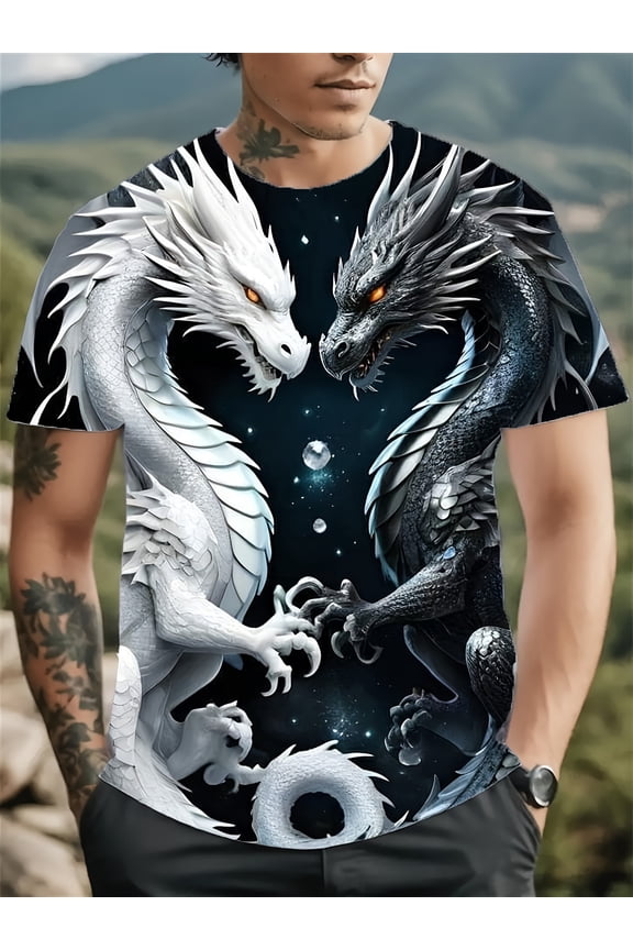 Men's Plus Size 3D Printed Dragon Pattern T-Shirt - Summer Casual Short Sleeve Round Neck Top, Colorful Full Body Dragon and Starry Night Design, Machine Washable, Men's Short Sleeve