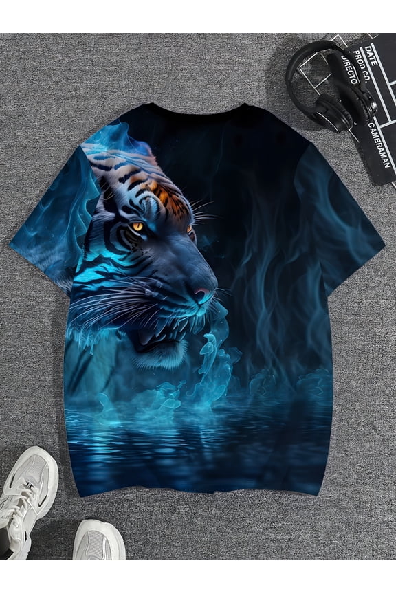 Men's Plus Size 3D Tiger Print T-Shirt - Fashionable Black Casual Short Sleeve T-Shirt with Vibrant Blue and Orange Tiger Head Design, Plus Size, Crew Neck Short Sleeve