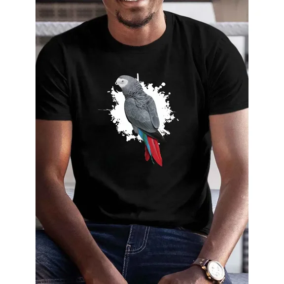 Men's Plus Size African Grey Parrot Graphic T-Shirt - Casual Short Sleeve Summer Tee for Big & Tall, Black with White & Blue Feather Design