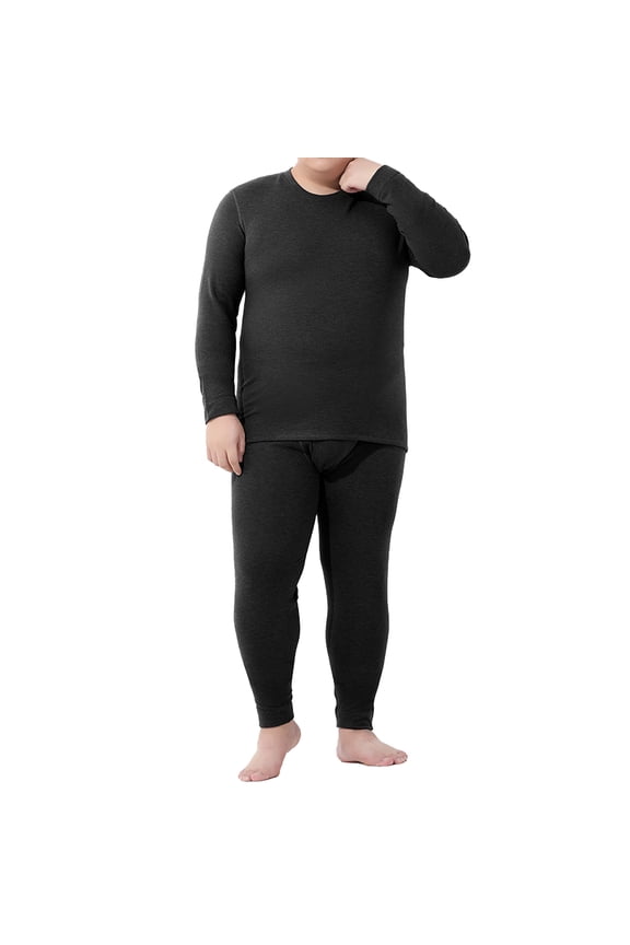 Men's Autumn Winter Silk Wool Blend Fleeced Base Layer Set, Black, 4XL