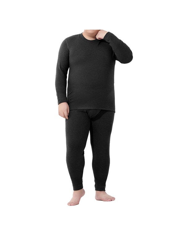 Men's Autumn Winter Silk Wool Blend Fleeced Base Layer Set, Black, 4XL