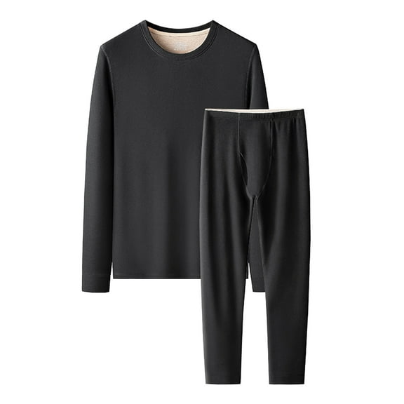 Men's Plus Size Autumn Winter Silk Wool Blend fleeced Lined Base Layer Set, Black, Size 5XL