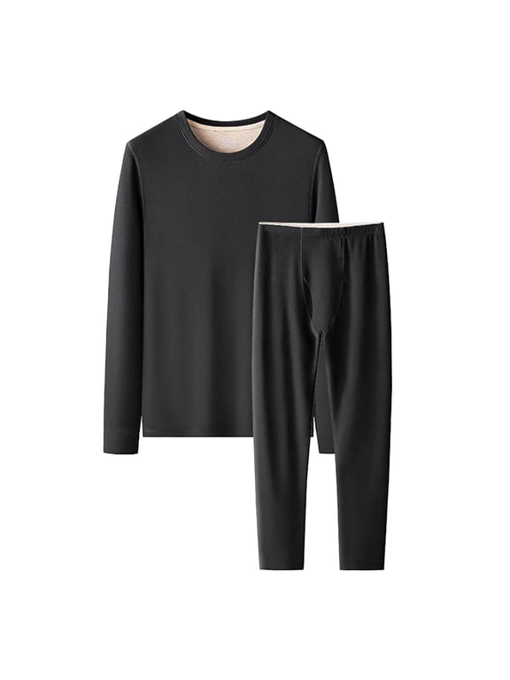 Men's Plus Size Autumn Winter Silk Wool Blend fleeced Lined Base Layer Set, Black, Size 6XL