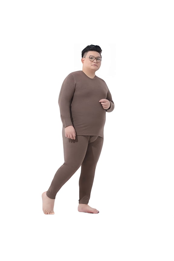 Men's Autumn Winter Silk Wool Blend Fleeced Base Layer Set, Taupe Brown, 3XL
