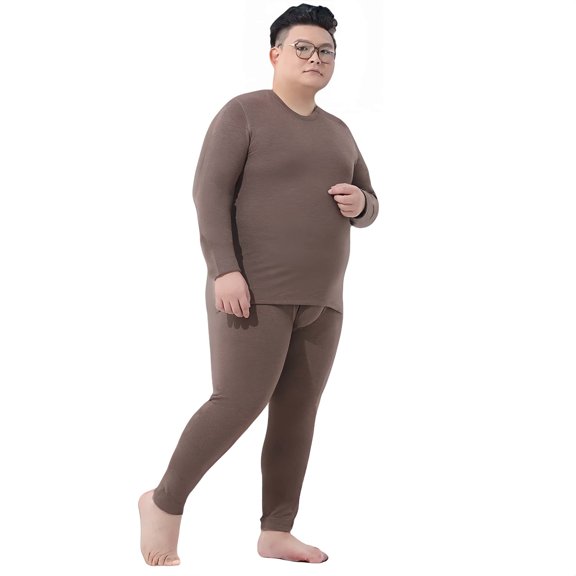 Men's Plus Size Autumn Winter Silk Wool Blend fleeced Lined Base Layer Set, Taupe Brown, Size 4XL