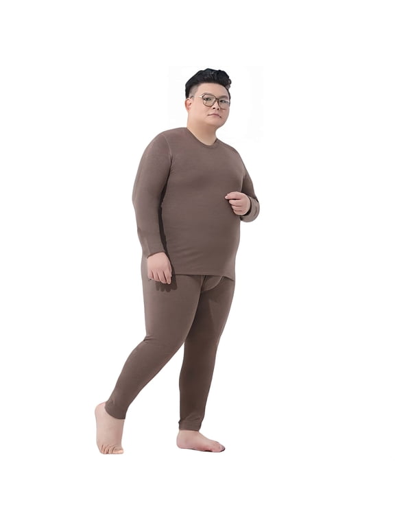 Men's Plus Size Autumn Winter Silk Wool Blend fleeced Lined Base Layer Set, Taupe Brown, Size 4XL