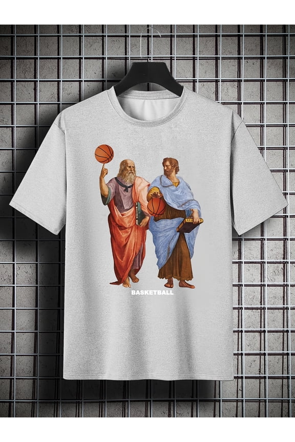 Men's Plus Size 'BASKETBALL' Print Plain Color Short Sleeve Crew Neck T-shirt, Oversized Casual Clothing For Big And Tall Guys