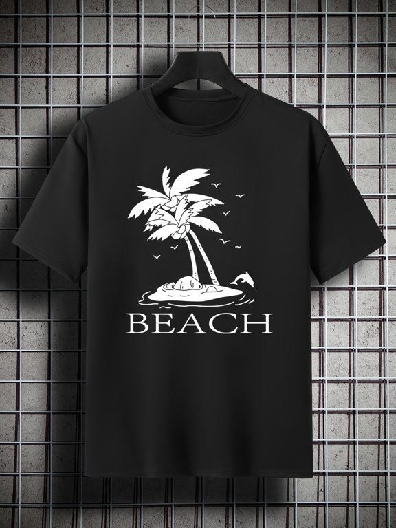 Men's Plus Size 'BEACH' Coconut Tree Pattern Plain Color Short Sleeve Crew Neck T-shirt, Oversized Casual Clothing For Big And Tall Guys