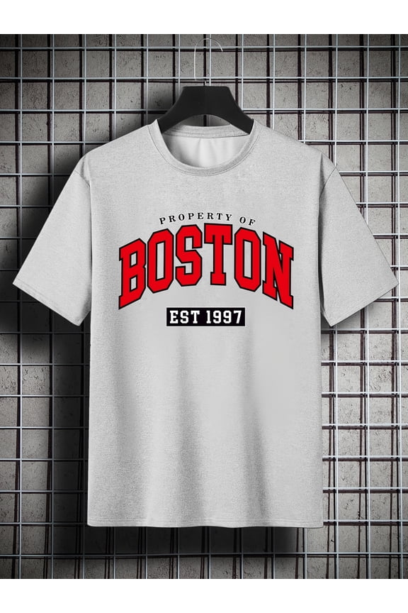 Men's Plus Size 'BOSTON EST 1997' Print Plain Color Short Sleeve Crew Neck T-shirt, Oversized Casual Clothing For Big And Tall Guys