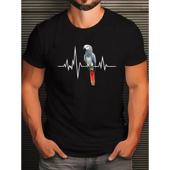 Men's Plus Size Black T-Shirt with Vibrant Parrot & Heartbeat Graphic - Casual Short Sleeve Crew Neck, Lightweight Polyester, Summer Fashion