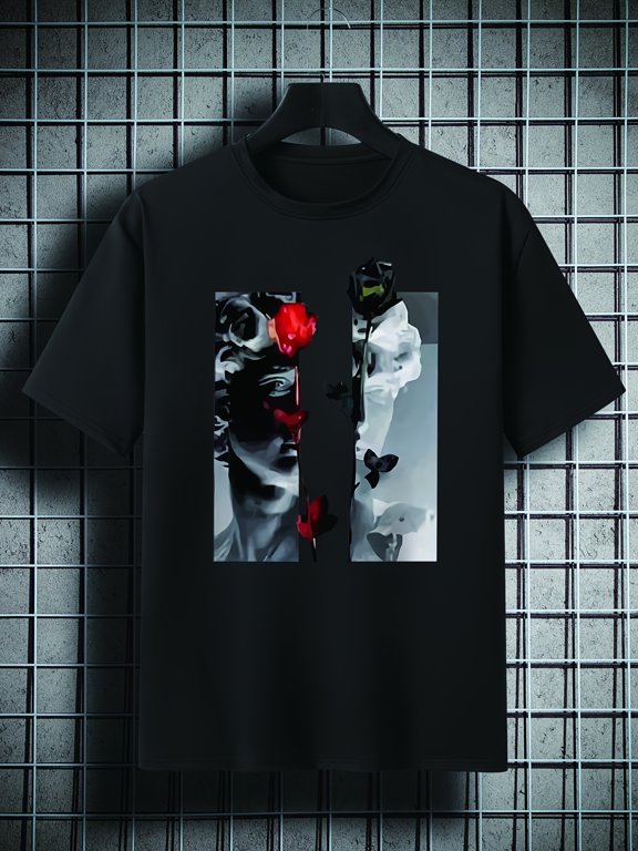 Men's Plus Size Broken Poster Pattern Plain Color Short Sleeve Crew Neck T-shirt, Oversized Casual Clothing For Big And Tall Guys, Best Sellers Gifts