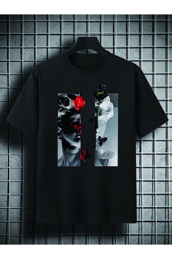 Men's Plus Size Broken Poster Pattern Plain Color Short Sleeve Crew Neck T-shirt, Oversized Casual Clothing For Big And Tall Guys, Best Sellers Gifts