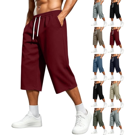 Men's Plus Size Capri Pants Elastic Waist Solid Color Drawstring Pocket Sports Capri Pants Outdoor Gym Workout