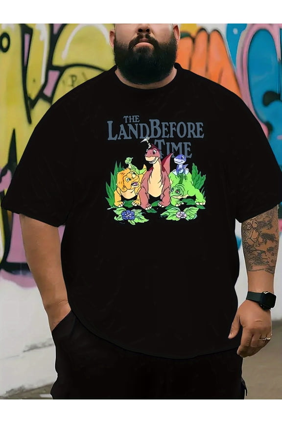 Men's Plus Size Cartoon Print T-Shirt - "The Land Before Time" Design, Red Crew Neck, Short Sleeve, Stretch Fabric, Casual & Sporty Style for Adults & Teens, Animated Movie Tee