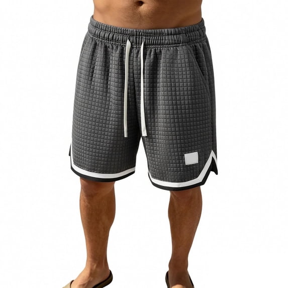 Men's Plus Size Casual Plaid Knit Shorts Relaxed Fit Drawstring Multiple Pockets Lightweight Breathable Polyester Waffle Running Shorts for Summer Outdoor Wear(Grey2,S)