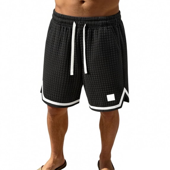 Men's Plus Size Casual Plaid Knit Shorts Relaxed Fit Drawstring Multiple Pockets Lightweight Breathable Polyester Waffle Running Shorts for Summer Outdoor Wear(Black,S)