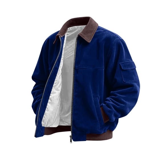 Men's Plus Size Colorblock Corduroy Jacket - Casual Sports Style with Pocket & Zipper, Dark Blue, XXXL