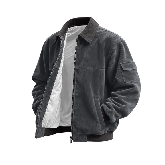 Men's Plus Size Colorblock Corduroy Jacket - Casual Sports Style with Pocket & Zipper, Dark Gray, XXXL