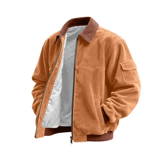 Men's Plus Size Colorblock Corduroy Jacket - Casual Sports Style with Pocket & Zipper, Light Brown, M