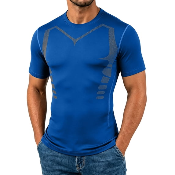 Men's Plus Size Compression Shirts Short Sleeve Workout T Shirt Cool Dry Athletic Undershirts Gym Yoga Base Layers Running Tops Size 3XL Blue