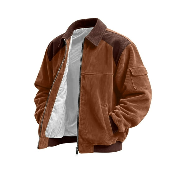 Men's Plus Size Corduroy Jacket - Casual Sports Style with Pocket & Zipper, Brown, XL