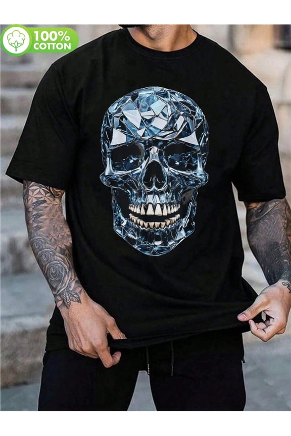 Men's Plus Size Cotton T-Shirt - Retro Hipster Skull Print, Casual Street Style, Soft & Comfortable Crewneck Tee for Casual