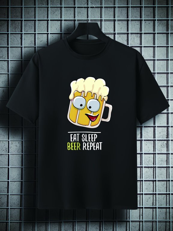 Men's Plus Size 'EAT SLEEP BEER REPEAT' Glass Of Beer Print Plain Color Short Sleeve Crew Neck T-shirt, Oversized Casual Clothing For Big And Tall Guys