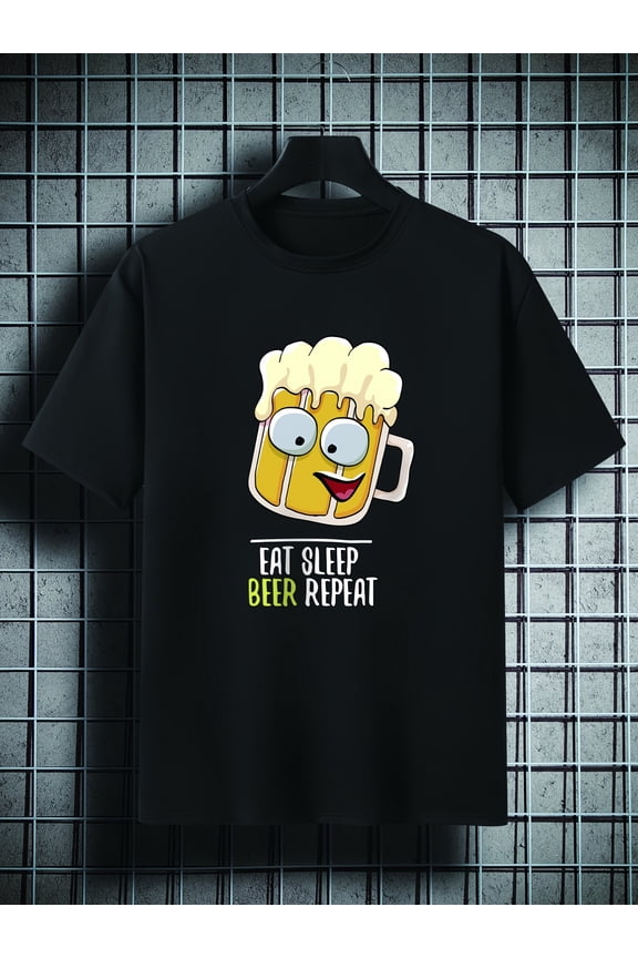 Men's Plus Size 'EAT SLEEP BEER REPEAT' Glass Of Beer Print Plain Color Short Sleeve Crew Neck T-shirt, Oversized Casual Clothing For Big And Tall Guys