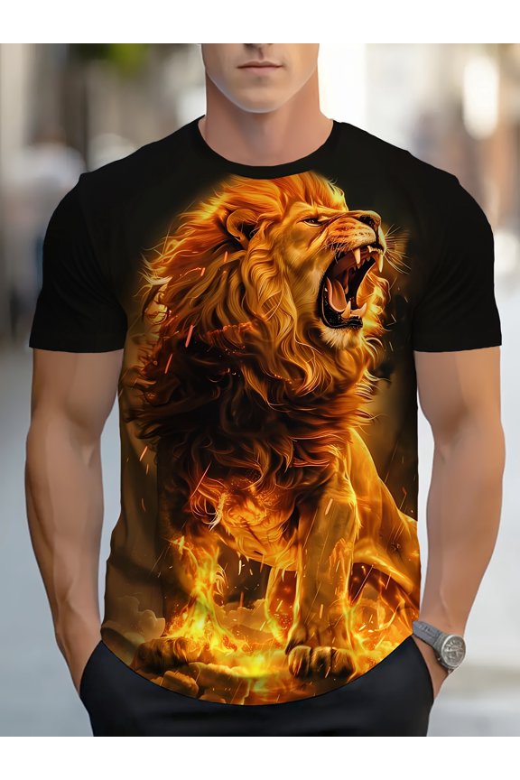 Men's Plus Size Fashion Flame Lion Print T-Shirt - Casual Stretch Polyester Blend, Machine Washable, Plus Size
