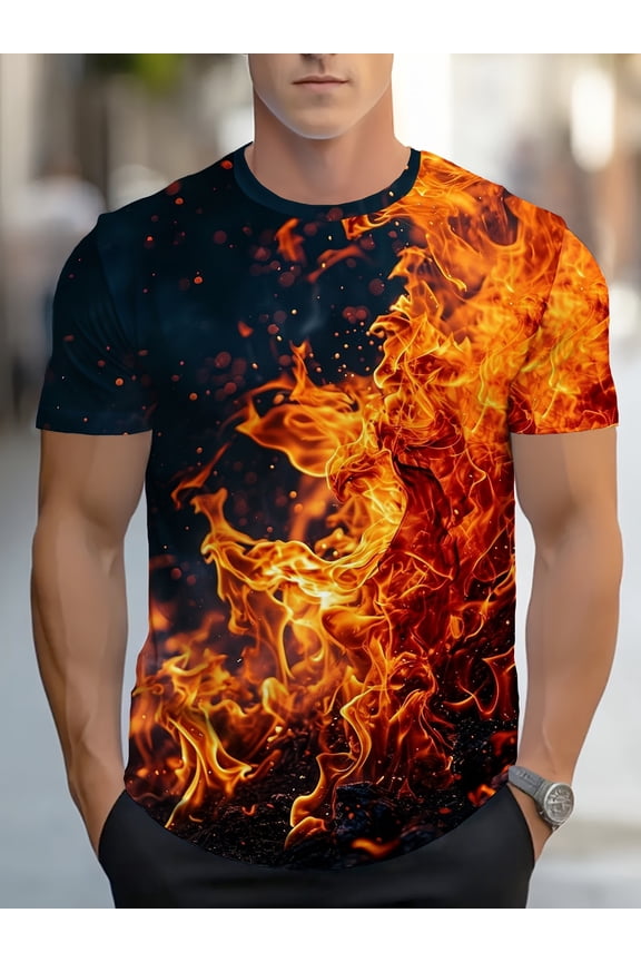 Men's Plus Size Fashion Flame Print T-Shirt - Men's Fashion Apparel, Casual Crew Neck, Stretch Polyester Blend, Machine Washable, Plus Size