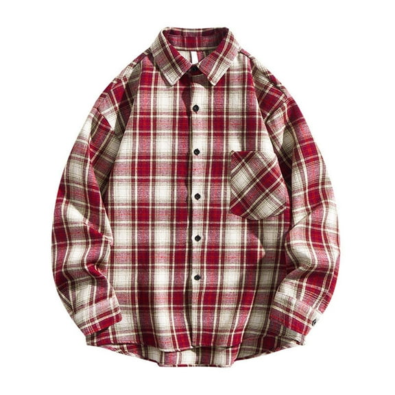 Men's Plus Size Flannel Shirt Long Sleeve Button Down Blouse Casual Light Plaid Shirts with Pocket Red 3XL