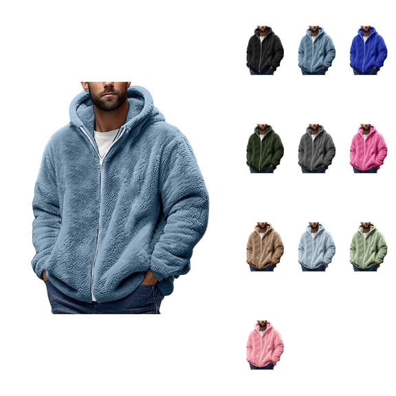 Men's Plus Size Fuzzy Sherpa Hooded Sweatshirt, Casual Long Sleeve Full-Zip Winter Jacket, Warm Color Block Loose Blouse Top Coat