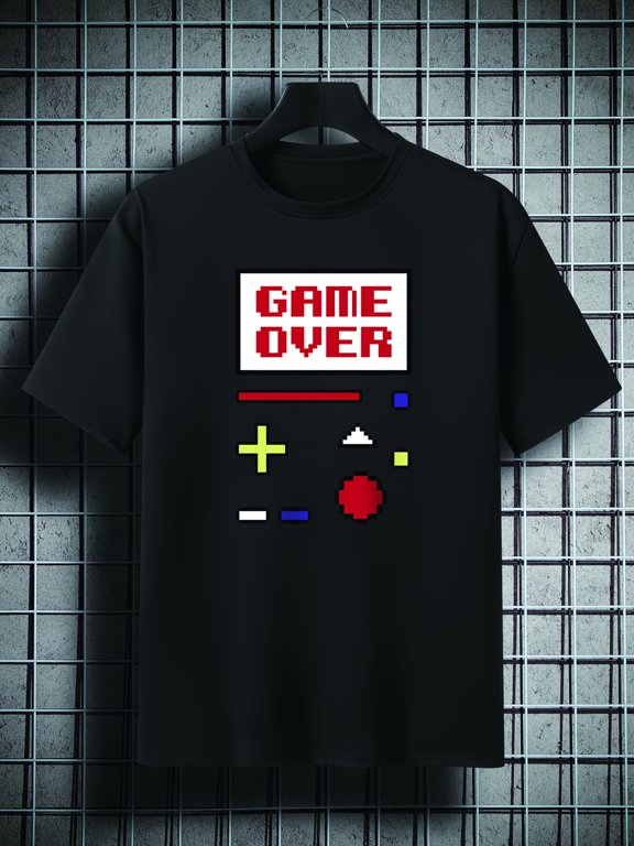 Men's Plus Size 'GAME OVER' Print Plain Color Short Sleeve Crew Neck T-shirt, Oversized Casual Clothing For Big And Tall Guys