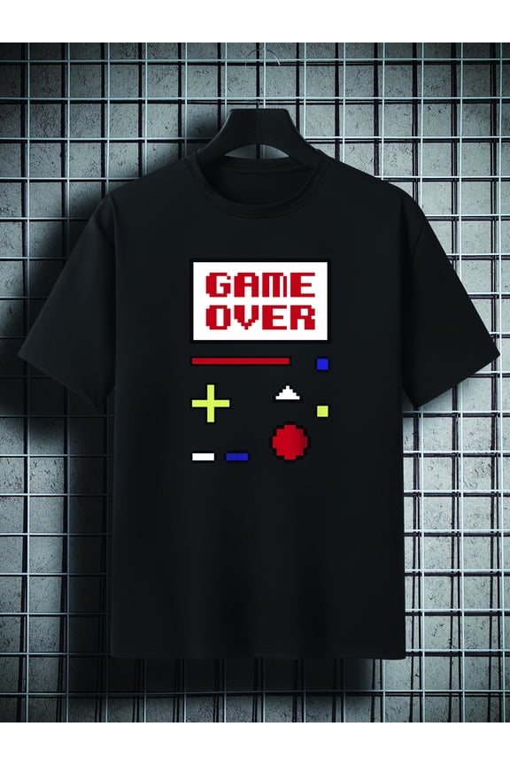 Men's Plus Size 'GAME OVER' Print Plain Color Short Sleeve Crew Neck T-shirt, Oversized Casual Clothing For Big And Tall Guys