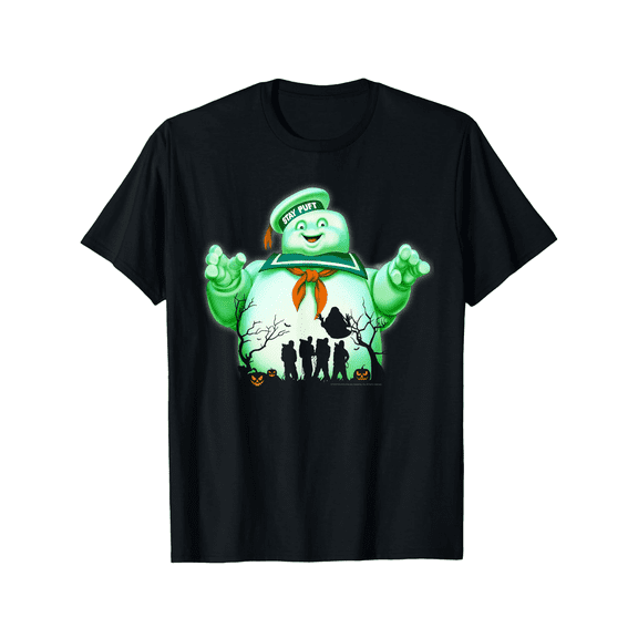Men's Plus Size Ghostbusters Marshmallow for Man Graphic T-Shirt - Soft, Breathable Cotton, Short Sleeve, Round Neck, Halloween & Christmas Gift, Casual Fit, Black with Green Design,