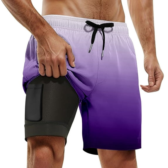 Men's Plus Size Gradient Printed Beach Pants - Double Layer Polyester Spandex for Swimming Surfing