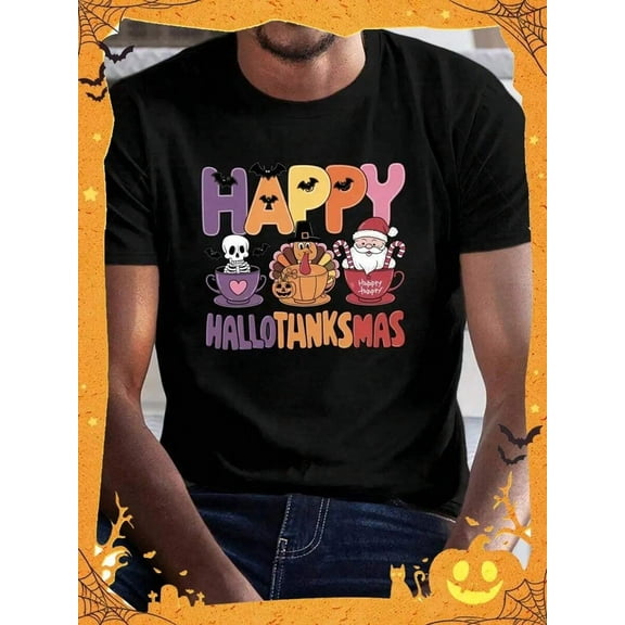 Men's Plus Size Halloween Thanksgiving T-Shirt - Happy Hallothanksmas Skeleton Turkey Graphic, Casual Short Sleeve Tee For Big & Tall, Beige With Festive Holiday Design, Daily Wear Shirt,Nightmare Be