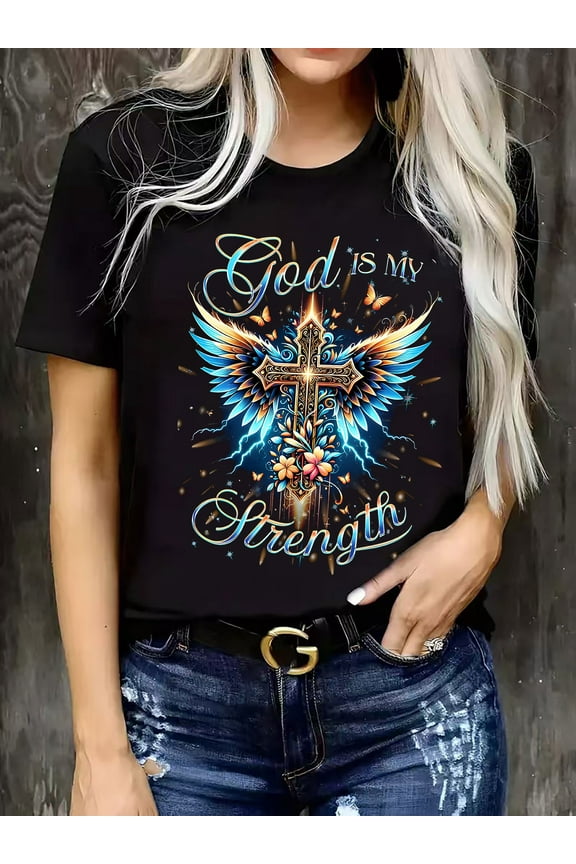 Men's Plus Size Heavyweight Vintage Cotton T-Shirt - Big & Tall Crewneck Tee with Religious Faith Graphic ("God is My Strength" in Elegant Script), Soft Breathable Fabric for Gym, Travel,