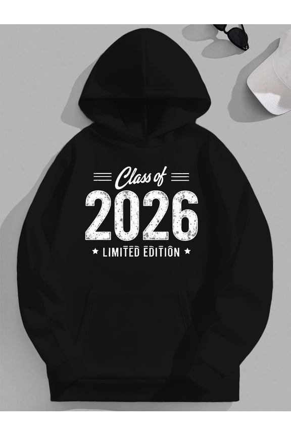 Men's Plus Size Hooded Sweatshirt - Class of 2026 Limited Edition, Black Casual Graduation Hoodie with Star & Stripes Design, Long Sleeve Polyester Knit for Comfort