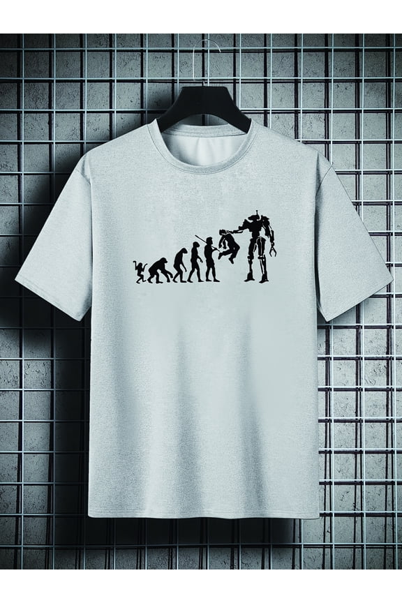 Men's Plus Size Human Evolution Pattern Plain Color Short Sleeve Crew Neck T-shirt, Oversized Casual Clothing For Big And Tall Guys Best Sellers Gifts