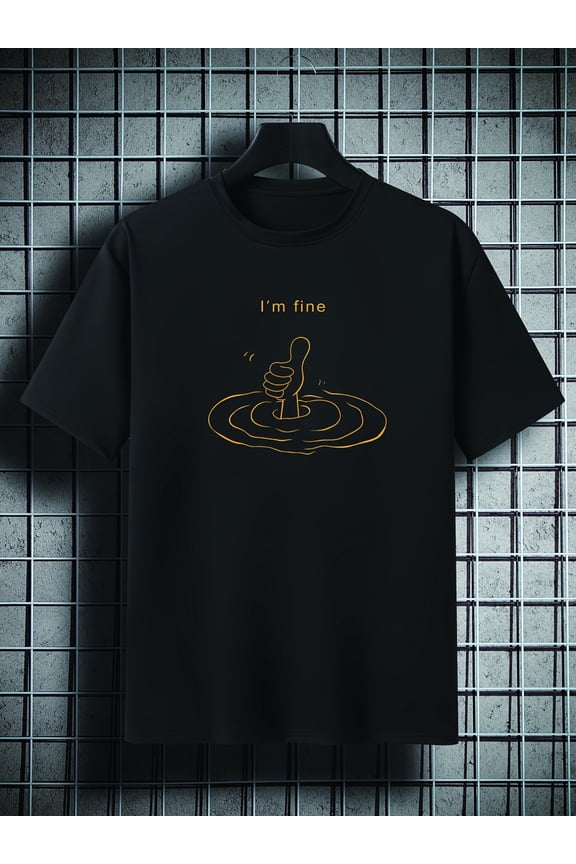 Men's Plus Size 'I'm Fine' Print Plain Color Short Sleeve Crew Neck T-shirt, Oversized Casual Clothing For Big And Tall Guys, Best Sellers Gifts