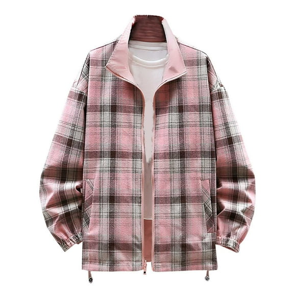 Men's Plus Size Jacket Solid-Color Plaid Casual Button Zipper Pocket Long Sleeve Stand-up Collar Outwear Jacket
