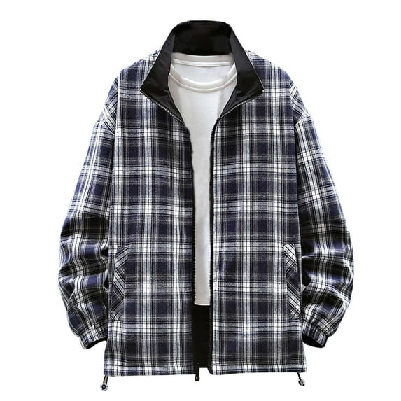 Men's Plus Size Jacket Solid-Color Plaid Casual Button Zipper Pocket Long Sleeve Stand-up Collar Outwear Jacket