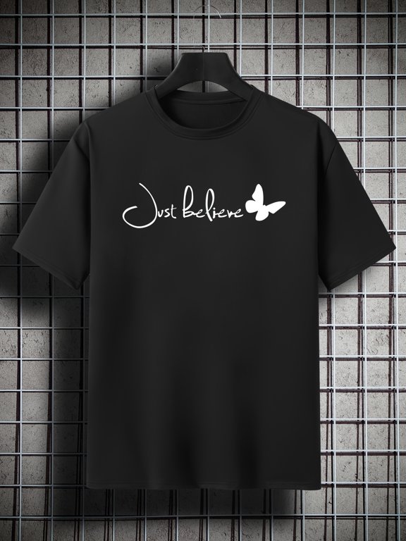 Men's Plus Size 'Just Believe' Butterfly Pattern Plain Color Short Sleeve Crew Neck T-shirt, Oversized Casual Clothing For Big And Tall Guys Best Sellers Gifts