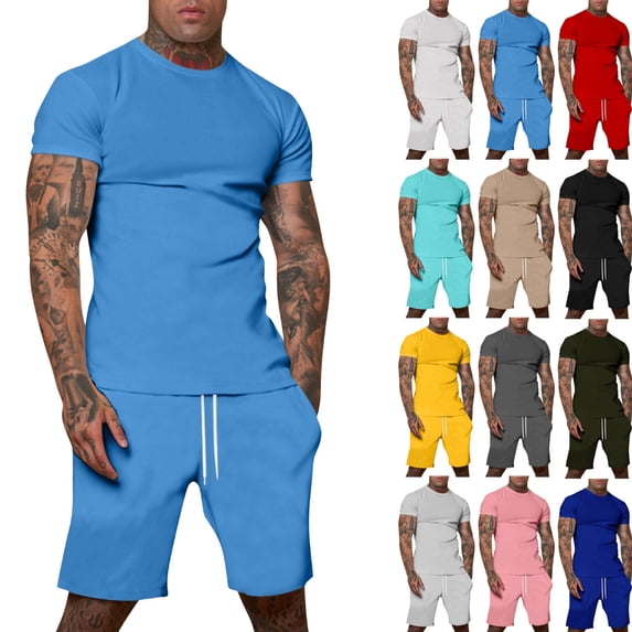 Men's Plus Size Loose Fit Short Sleeve T-Shirt and Shorts Set Casual Summer Outfits for Daily Wear Comfortable Lounge Tracksuit Blue M